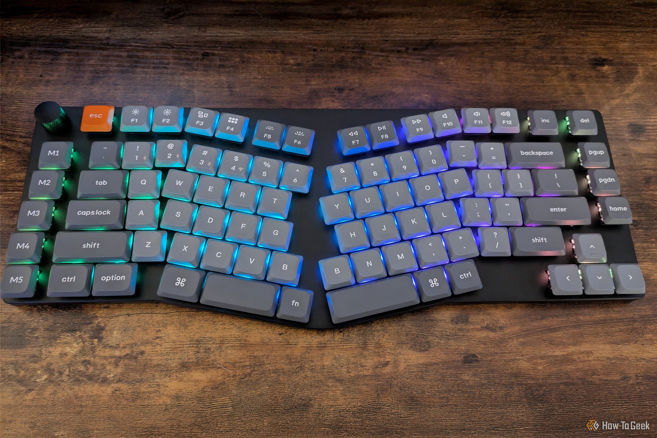 Overhead shot of a Keychron K15 Max RGB Alice Layout keyboard