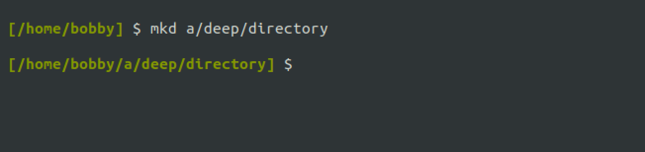 A shell function runs on the command line, creating a new directory and changing to it.