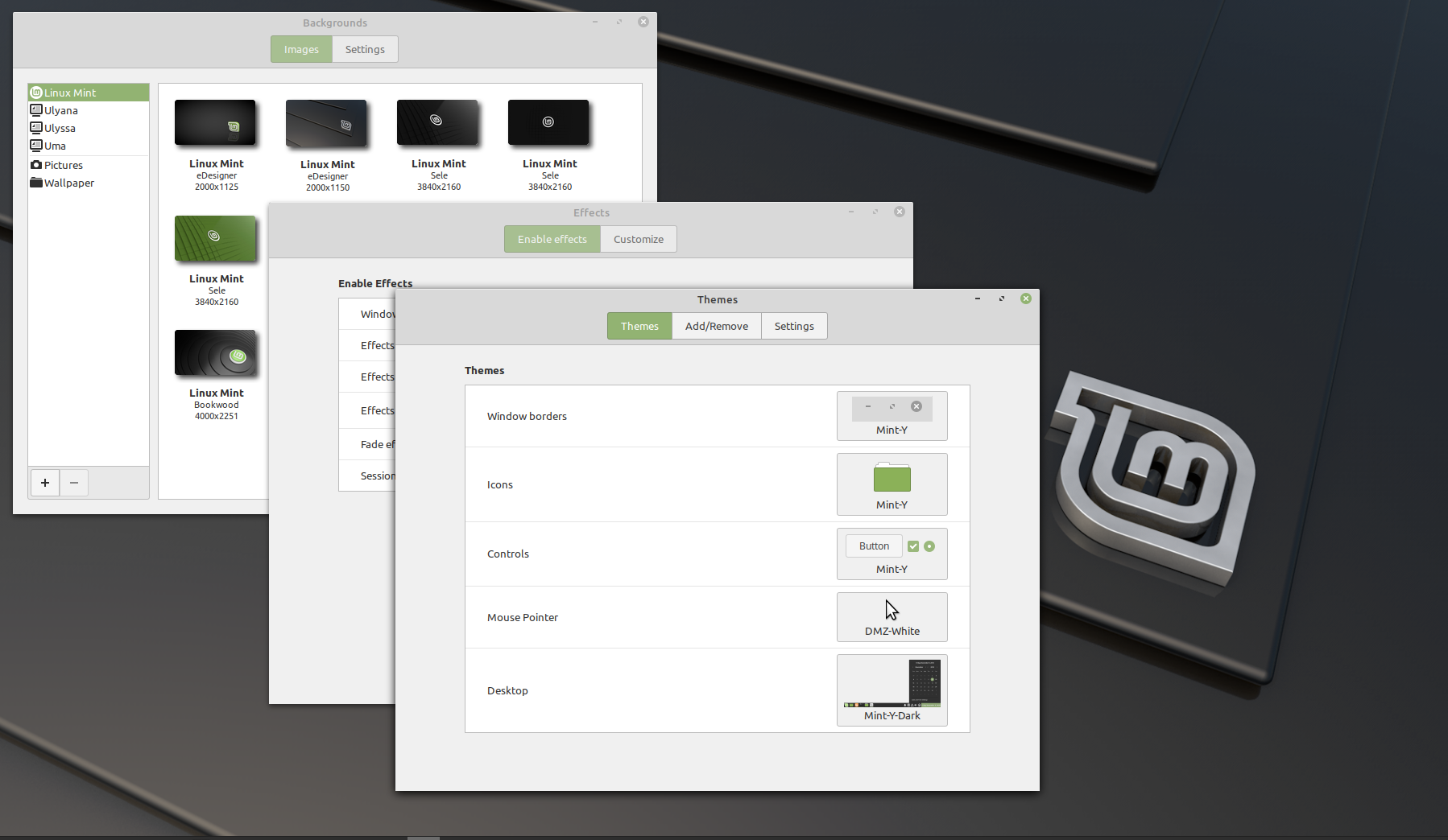 A picture of the screens you can us to customize Linux Mint Cinnamon.