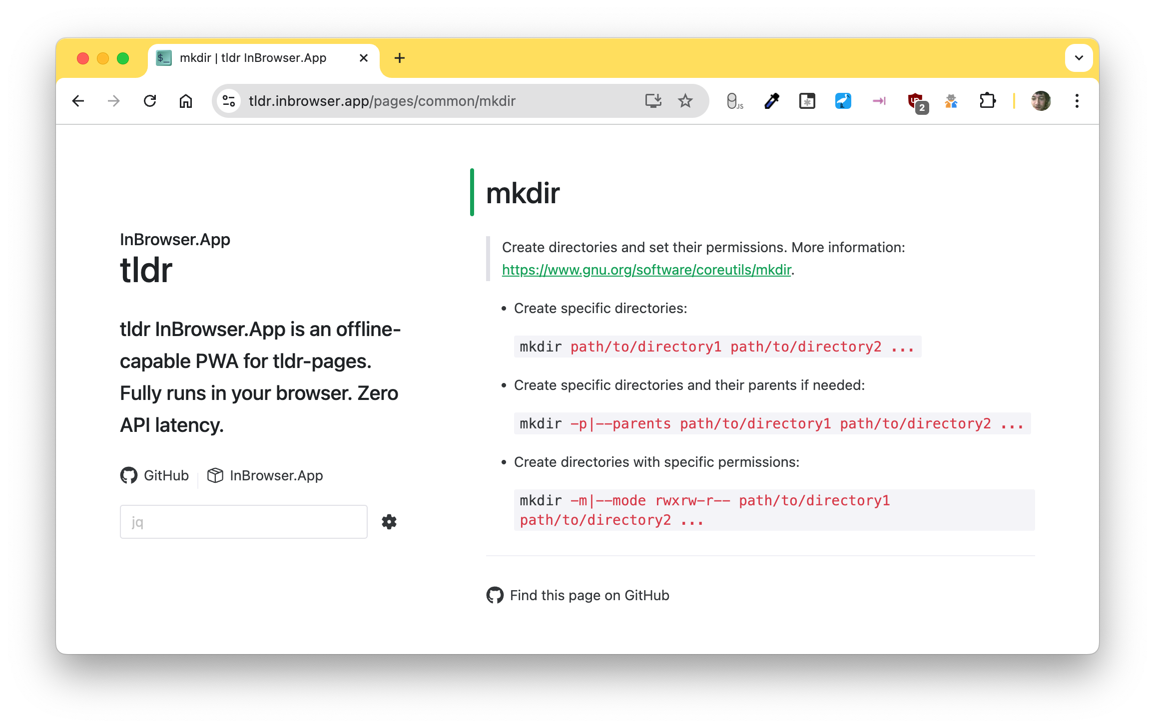 The Linux tldr web interface showing formatted help for the mkdir command.