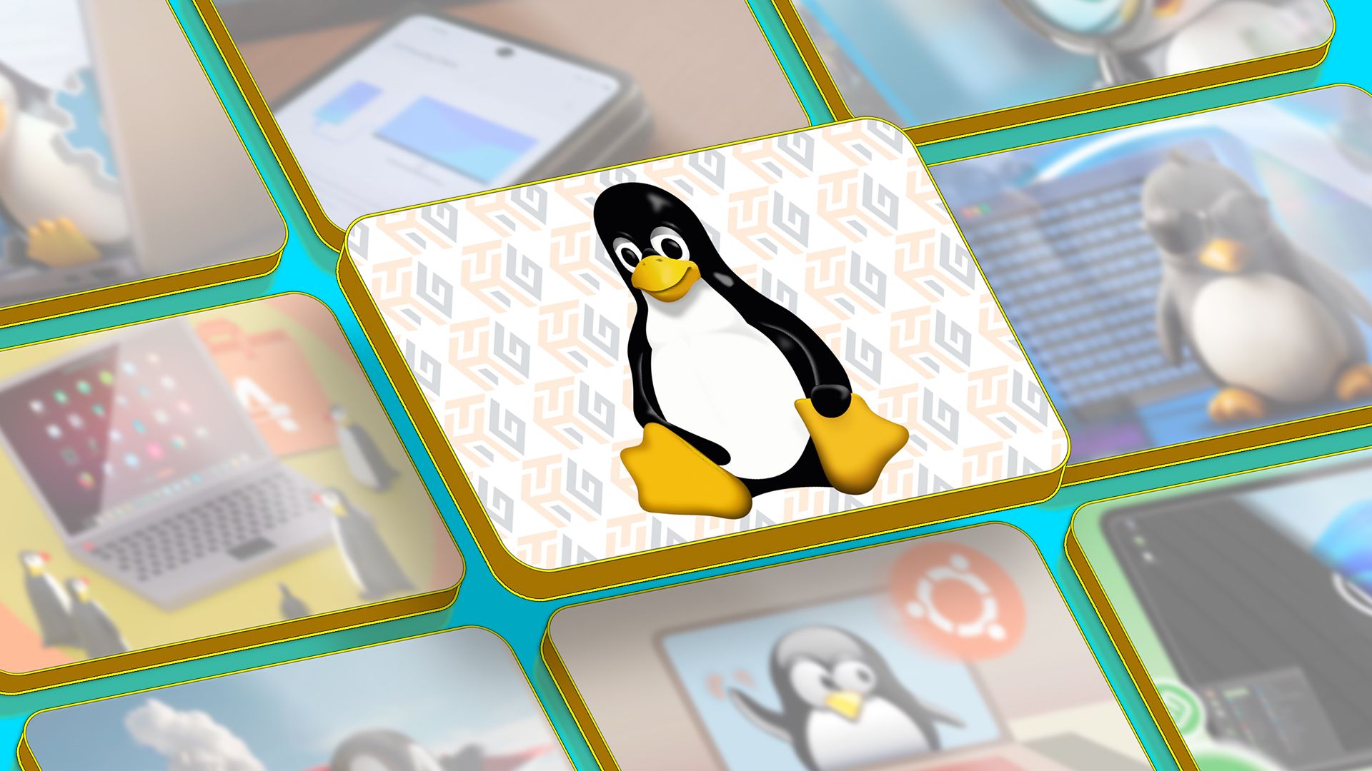 Linux mascot at the center of the screen with some featured images of articles beside it.