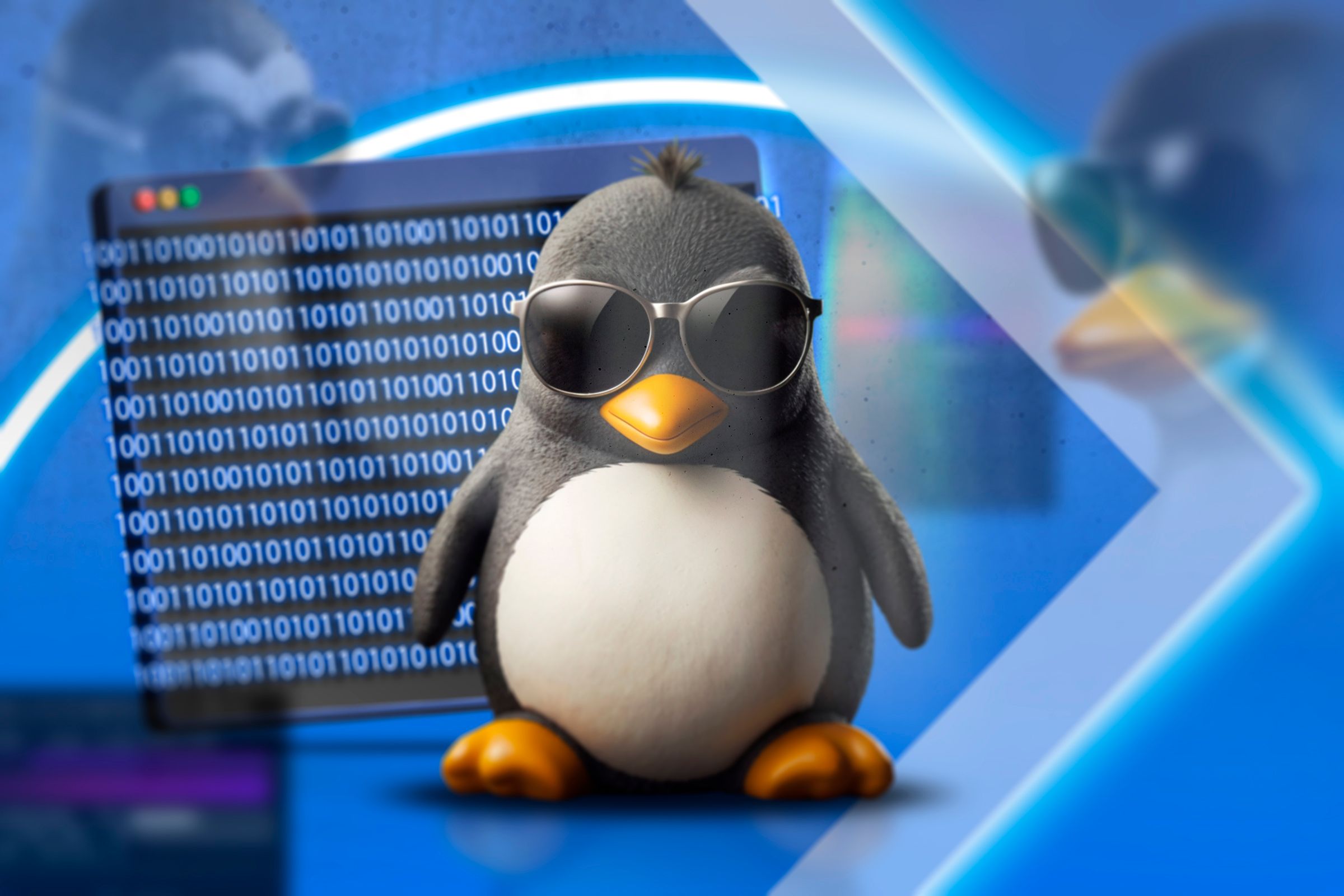 Linux mascot wearing sunglasses with a terminal in the background.