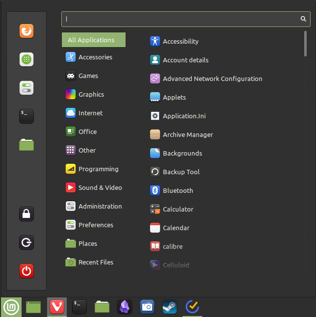 A picture of the menu window in Linux Mint.