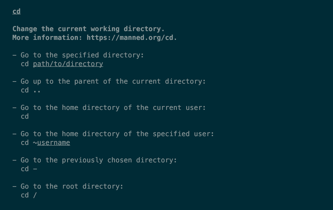 Example output from tldr showing six different examples of how to use the cd command.