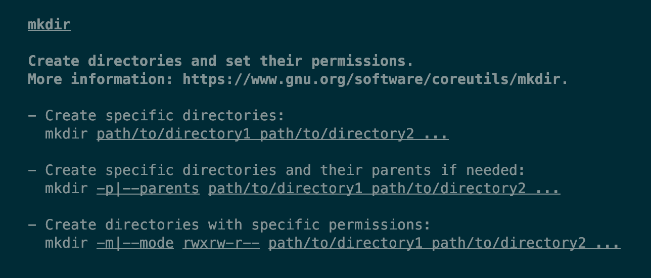 Example output from tldr showing help for the mkdir command.