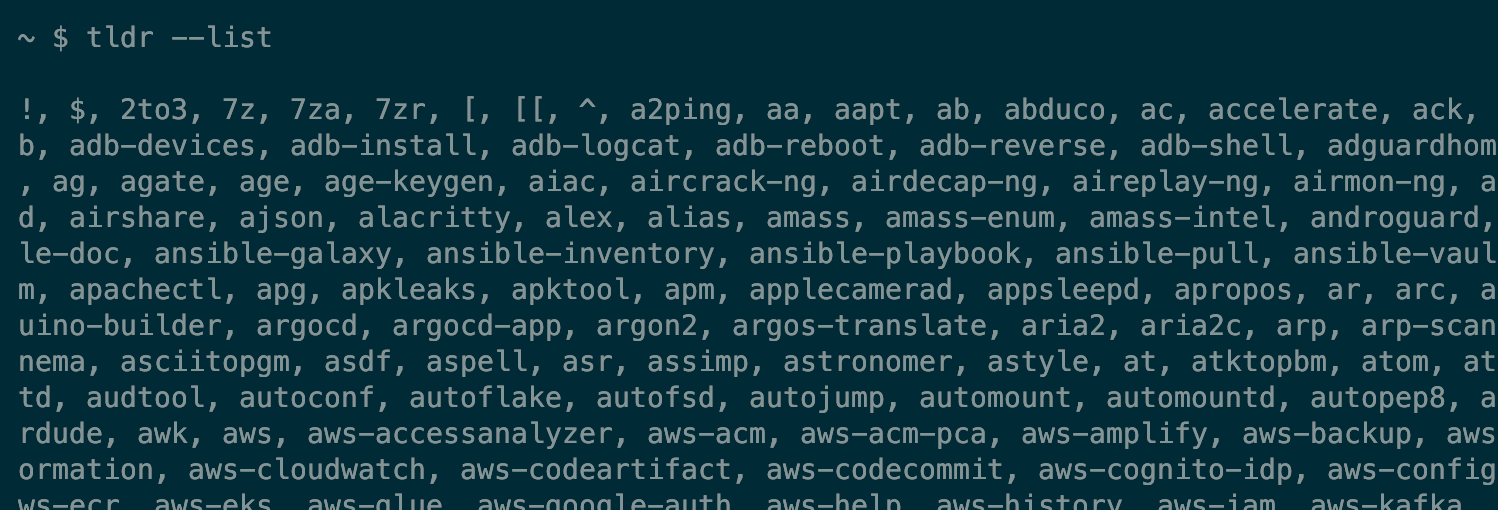 Output from the tldr --list option shows a long list of supported commands separated by commas.