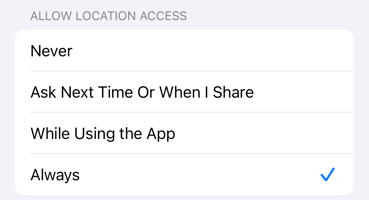 Location access options in iPhone settings.