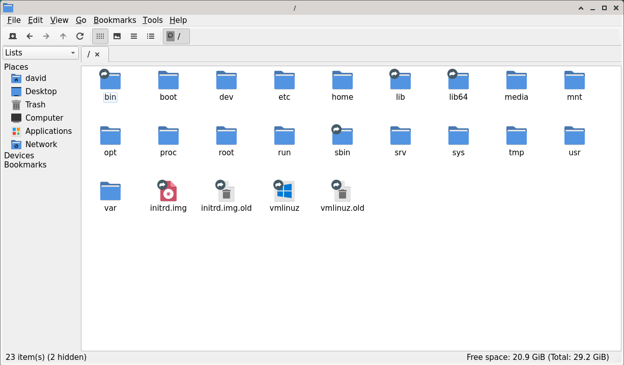 LXQt PCMan file manager open at the Linux root directory.