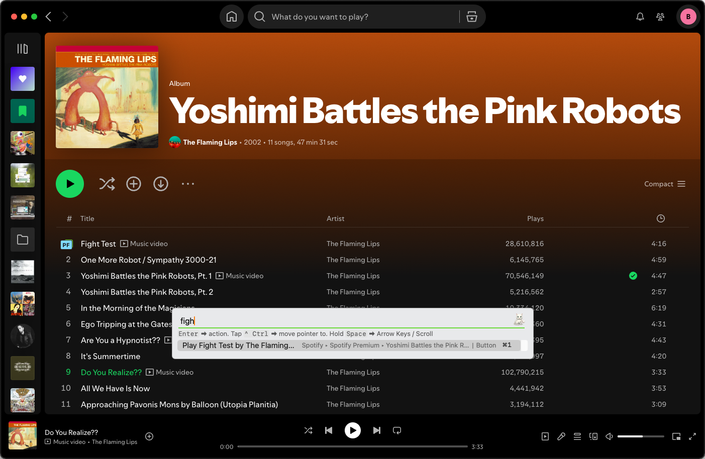 The spotify app with the shortcat utility labelling an individual track based on a search.