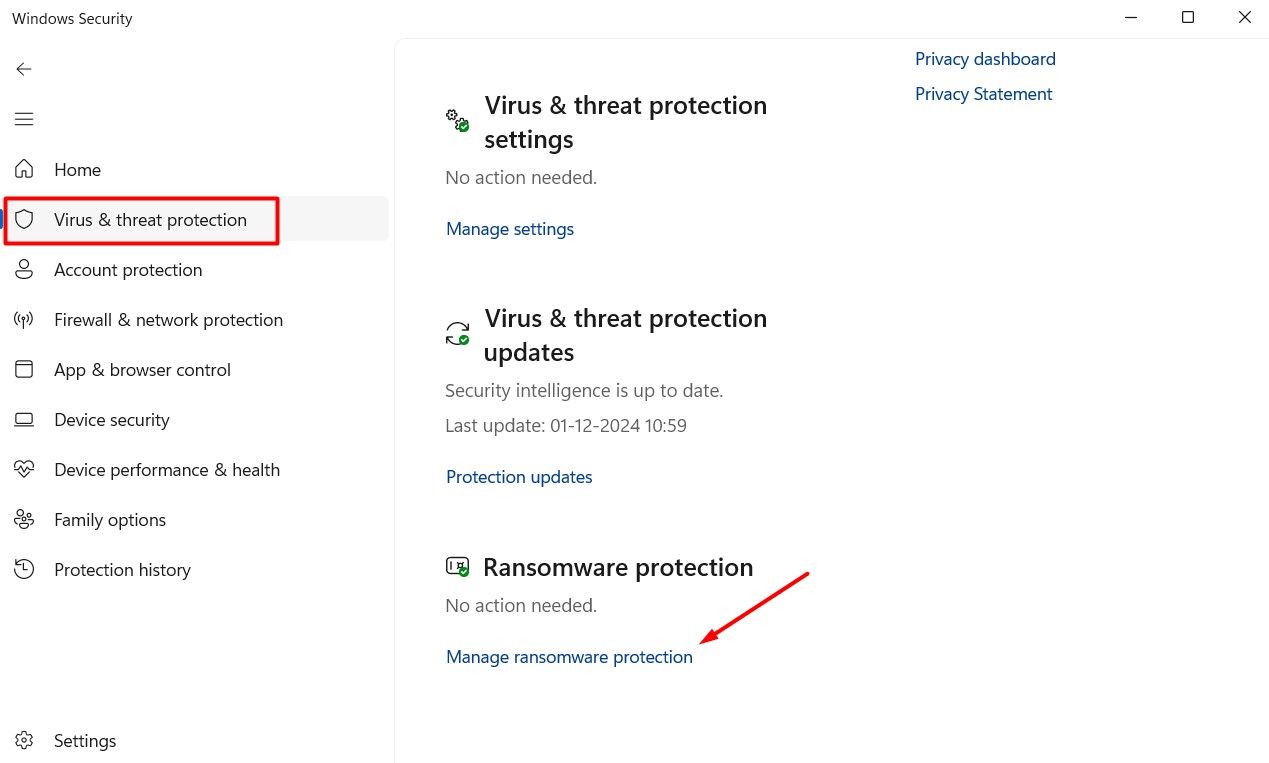 Manage Ransomeware Protection option in the Windows Security app.