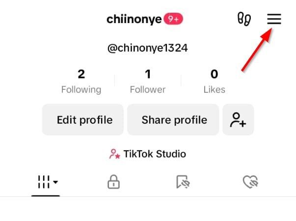 TikTok profile page showing the menu icon.