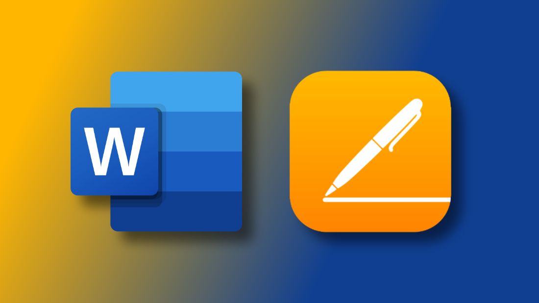 Microsoft Word and Apple Pages logos against a gradient colored background.