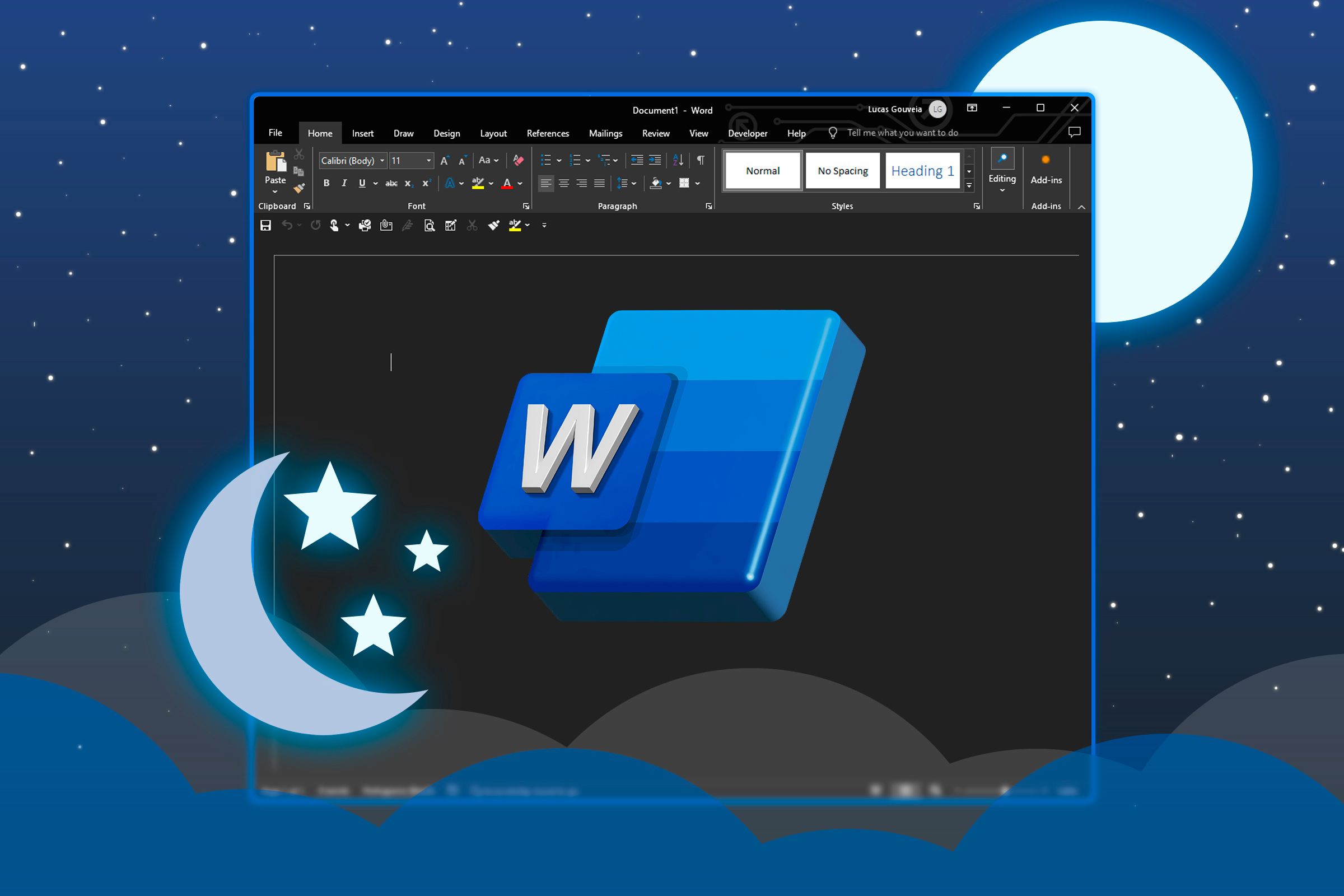 Microsoft Word window in a nighttime setting with the Word logo in the center.