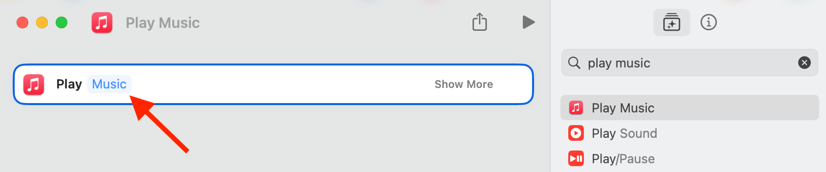 Music option in Shortcuts app on a Mac.