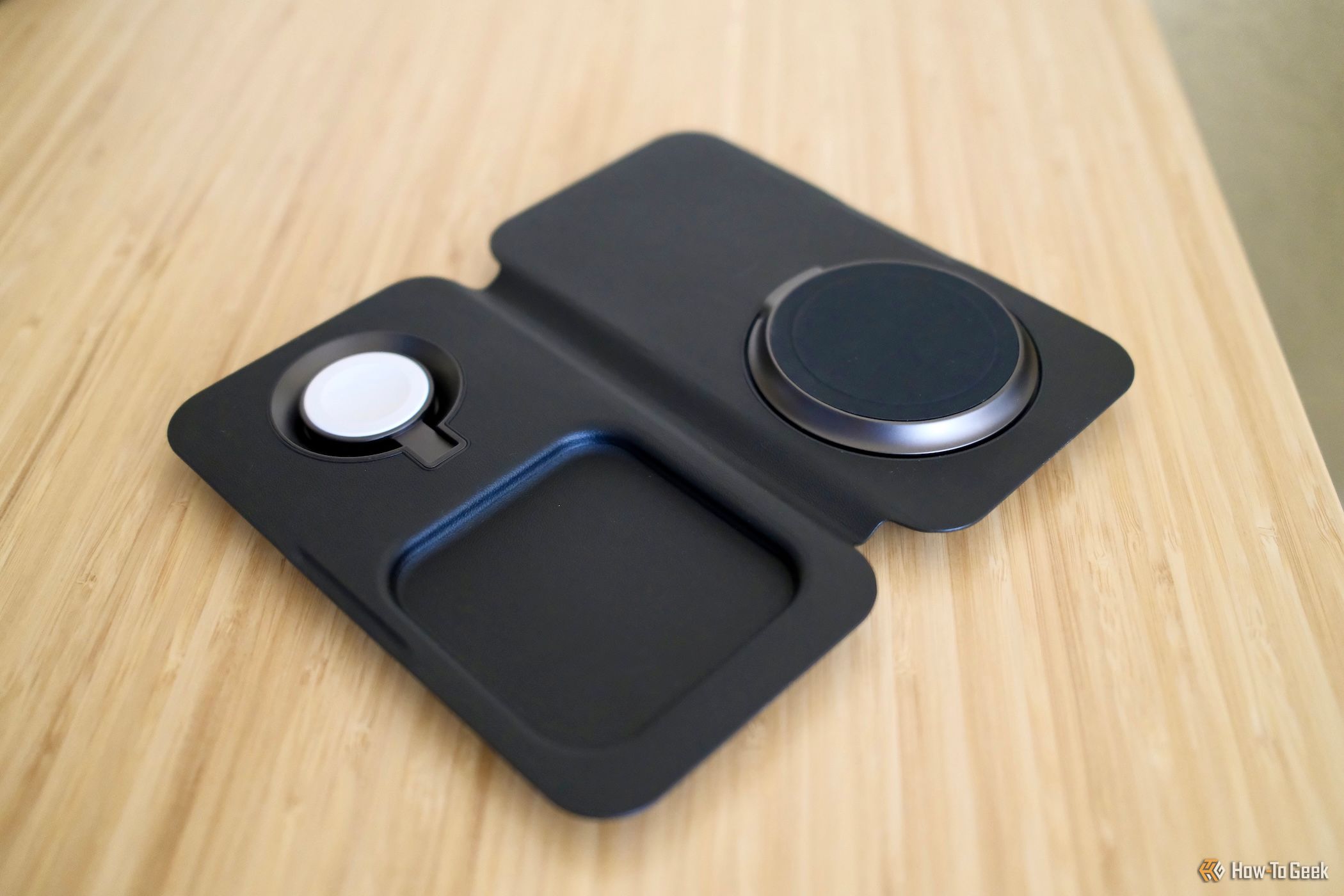 Nimble Fold 3-in-1 Wireless Charger open on a desk without devices