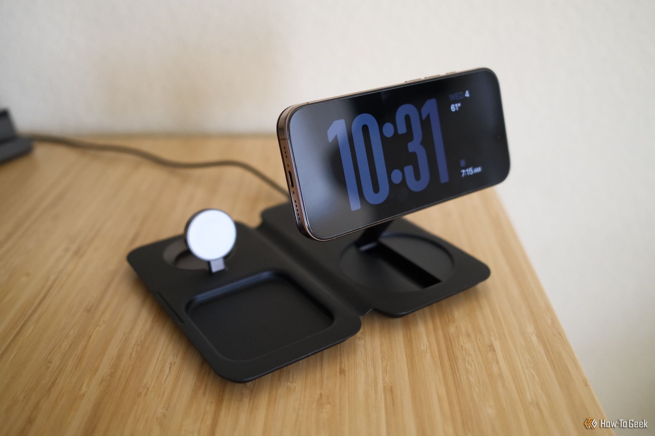 Nimble Fold 3-in-1 Wireless Charger showing an iPhone in Standby mode