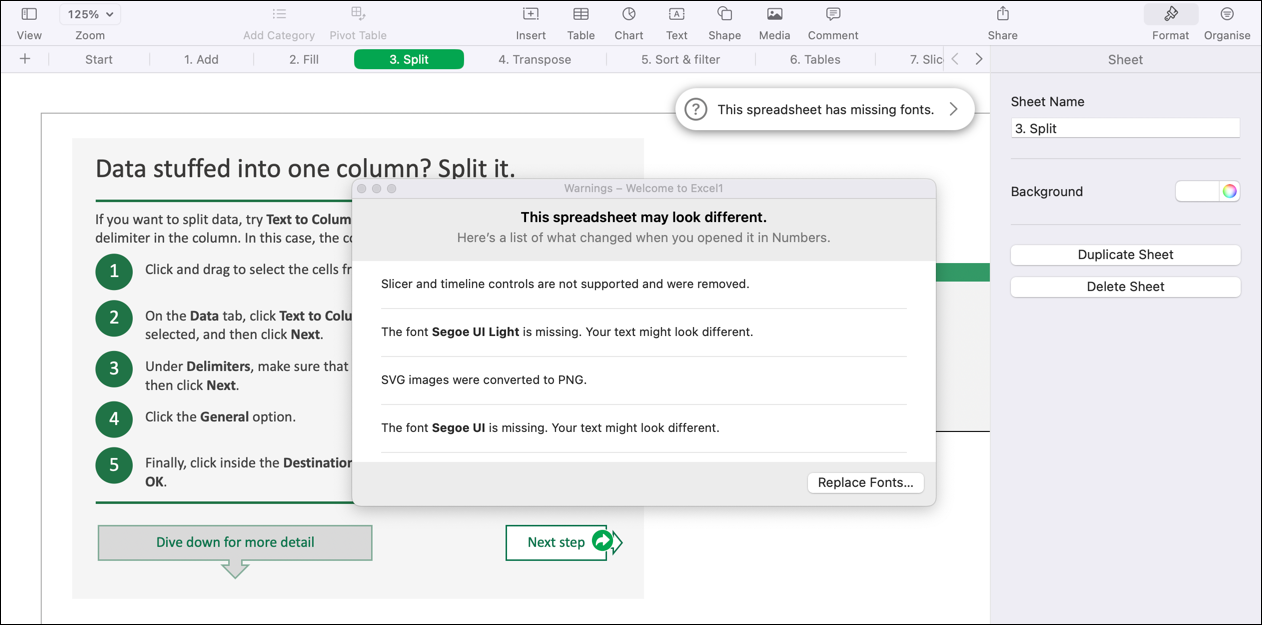 A converted Excel spreadsheet in Apple Numbers with missing formatting.