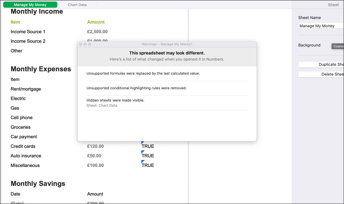 A converted Excel spreadsheet in Apple Numbers with unsupported functions removed.