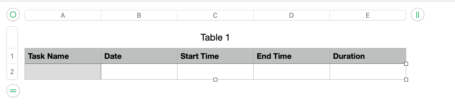 Numbers spreadsheet with column headers for Task Name, Date, Start Time, End Time, and Duration.