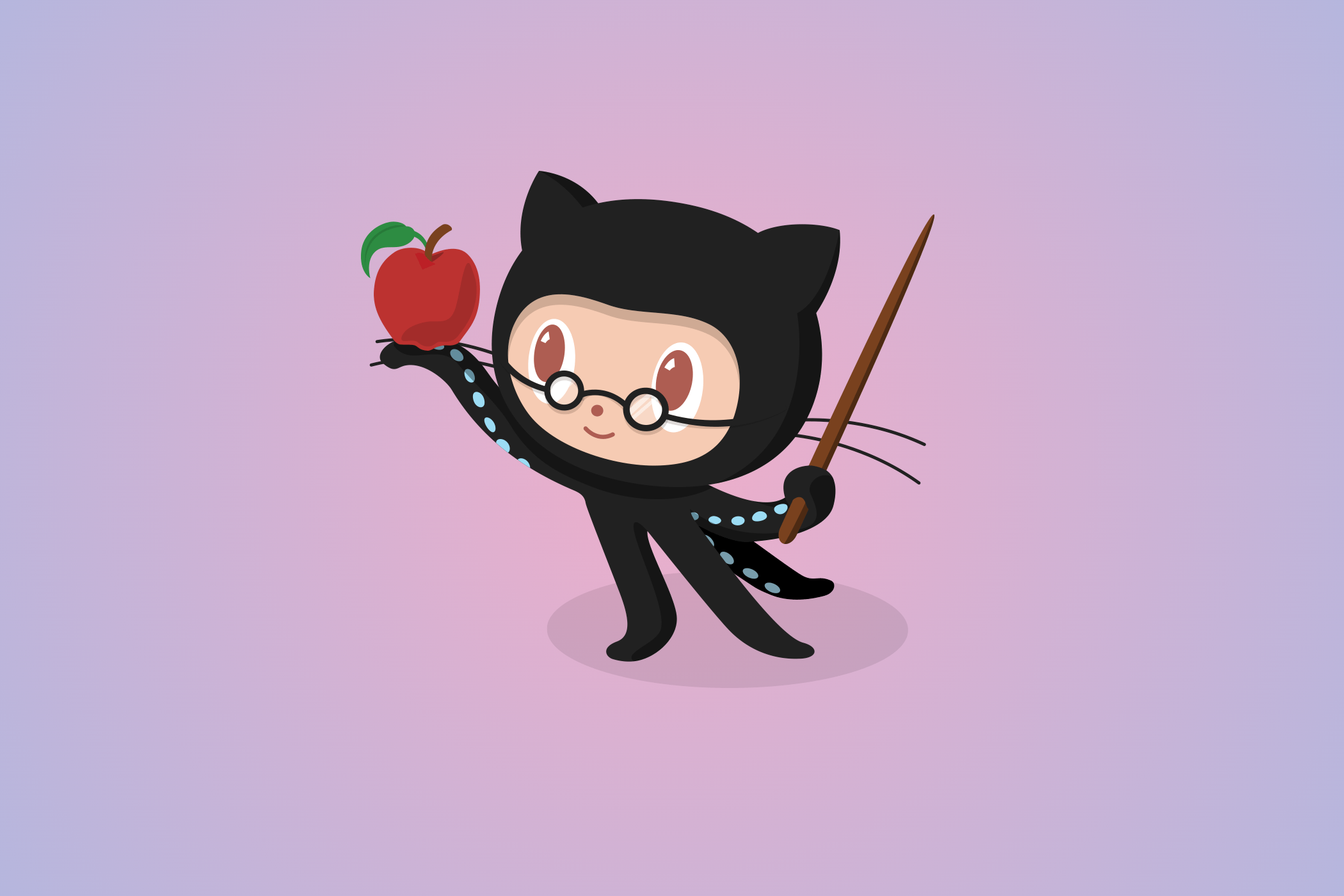 The GitHub mascot—a cat-like creature with five tentacles—wearing glasses and holding an apple and a pointer.