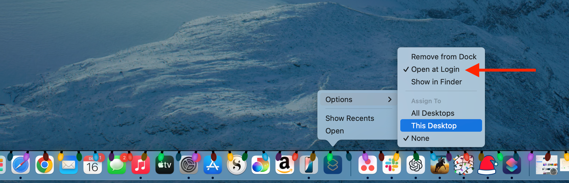 Open at Login in Dock on a Mac.