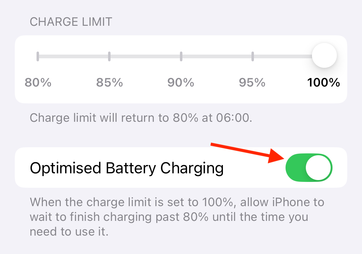 Optimized Battery Charging toggle on iPhone.