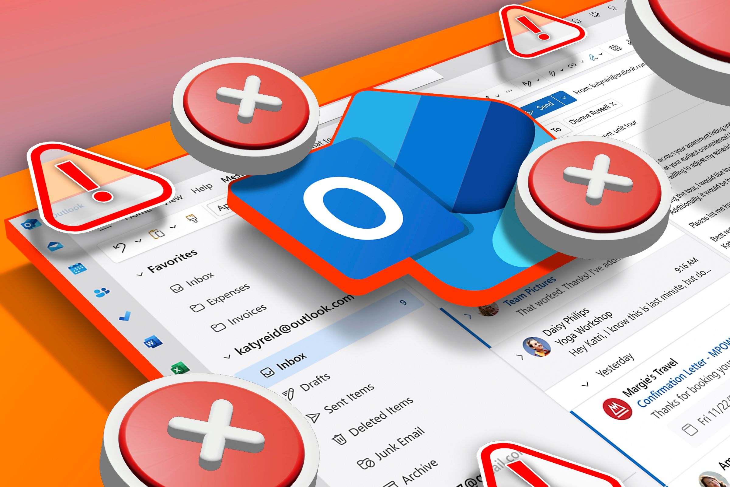 Outlook inbox with the new Outlook logo and several 'X' and alert icons.