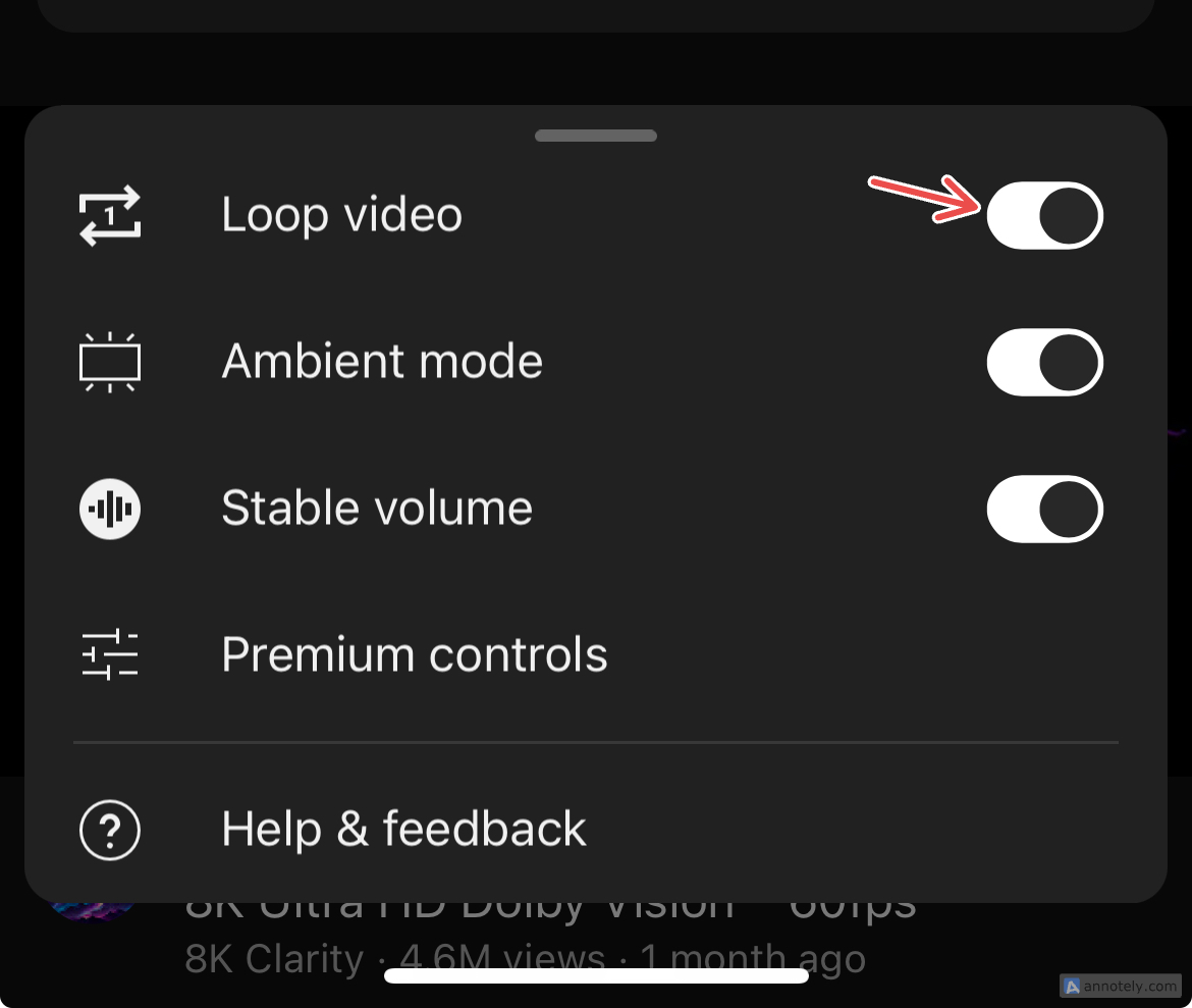 Loop video option in a YouTube video.