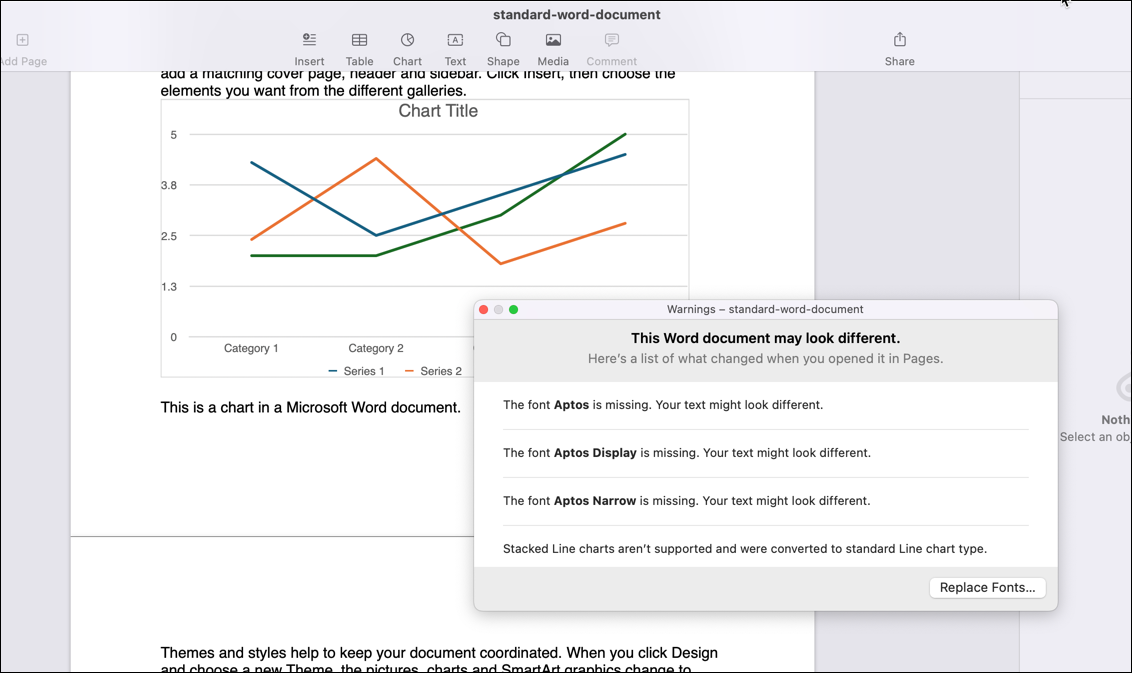 A converted Word document in Apple Pages, showing a converted chart and tooltip warning showing altered items.