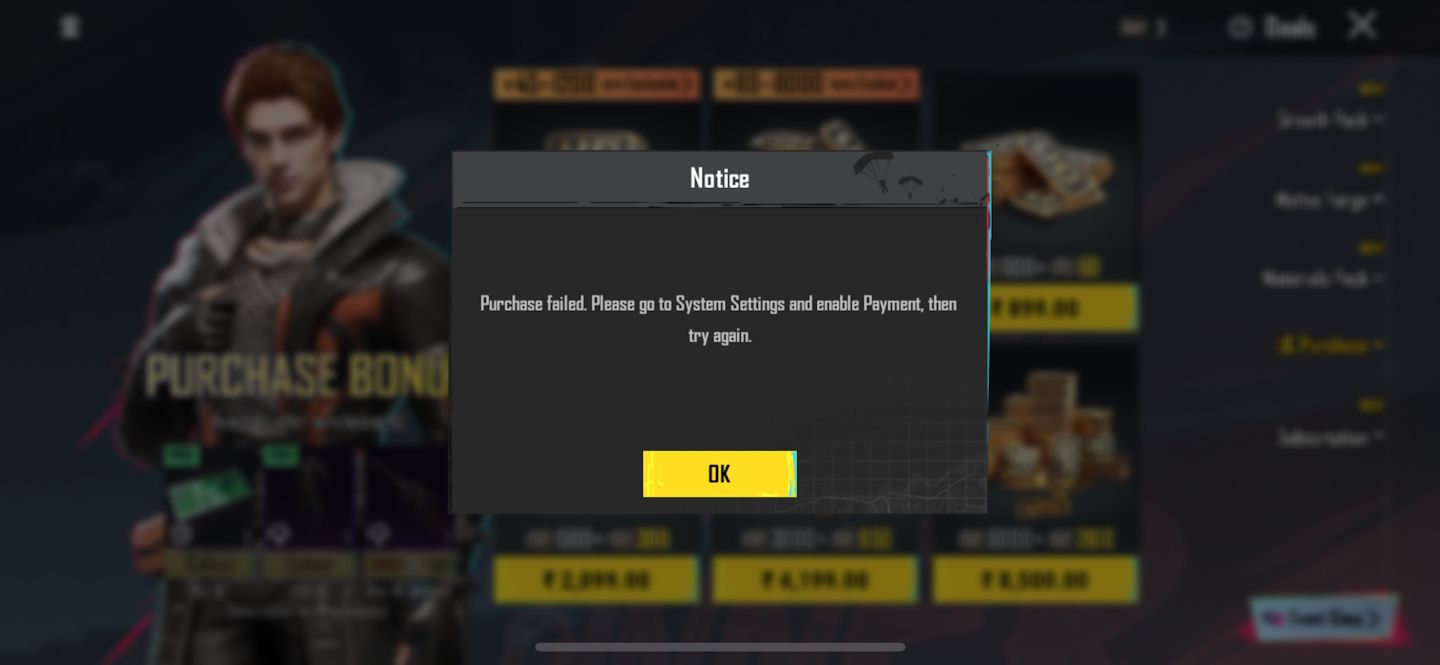 Payment error in Battleground Mobile India on iPhone.