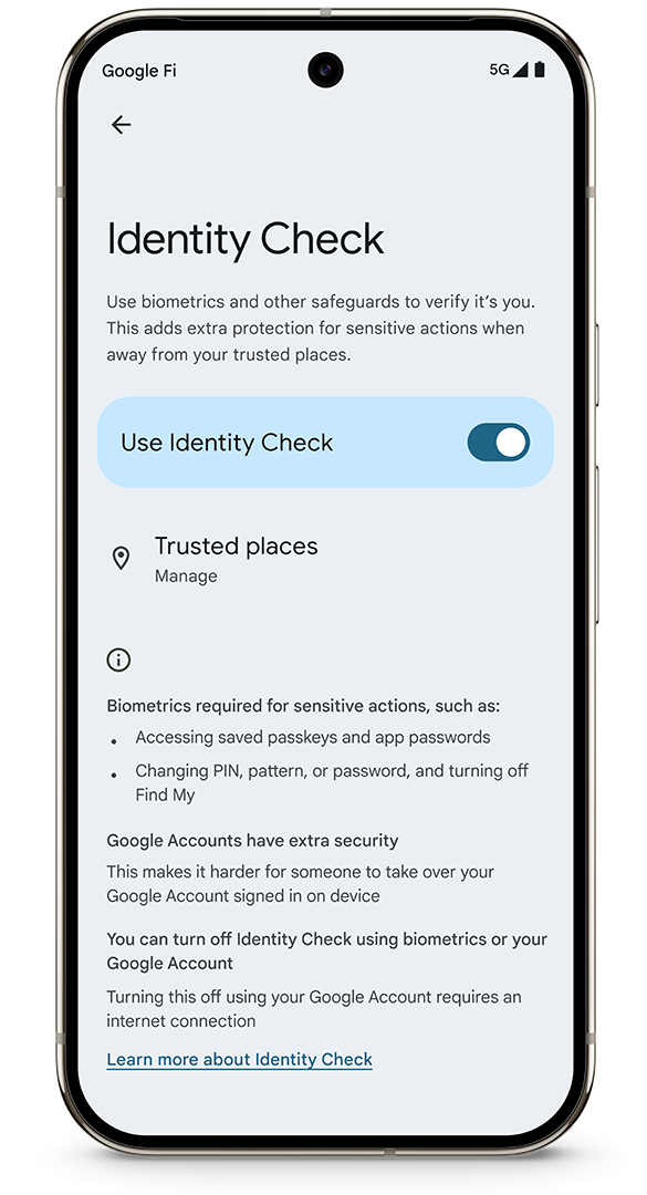 Pixel displaying Identity Check settings with toggle options and information on biometrics.