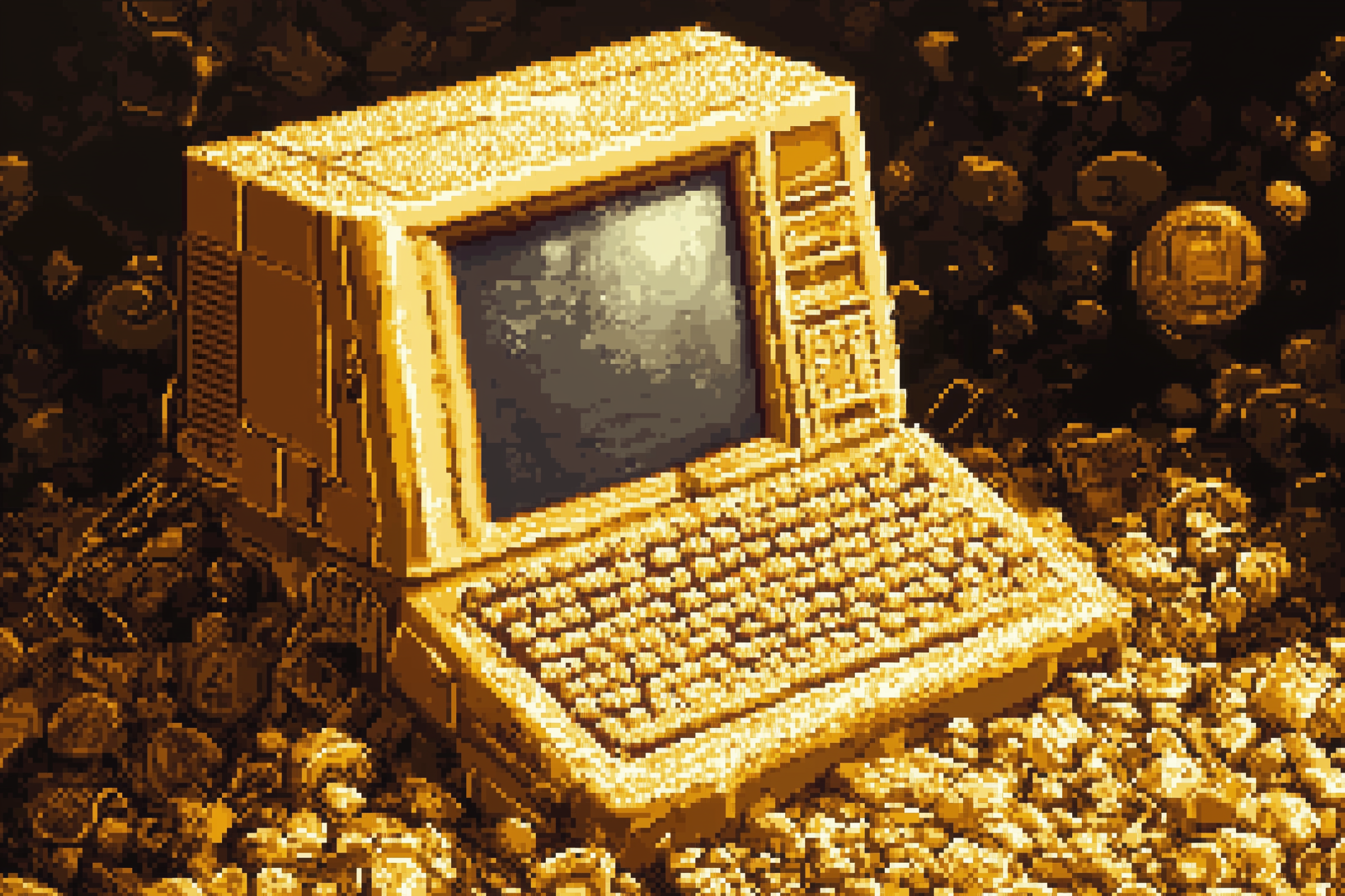 Pixel art of a solid gold retro PC on a pile of treasure.