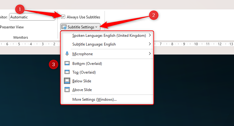 PowerPoint's Always Use Subtitles box is checked, and the Subtitle Settings drop-down is expanded.