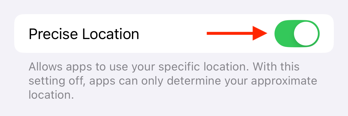 Precise Location toggle in iPhone settings.