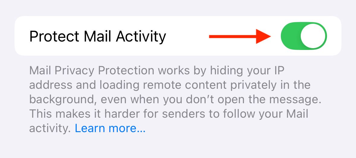 Protect Mail Activity toggle in iPhone settings.