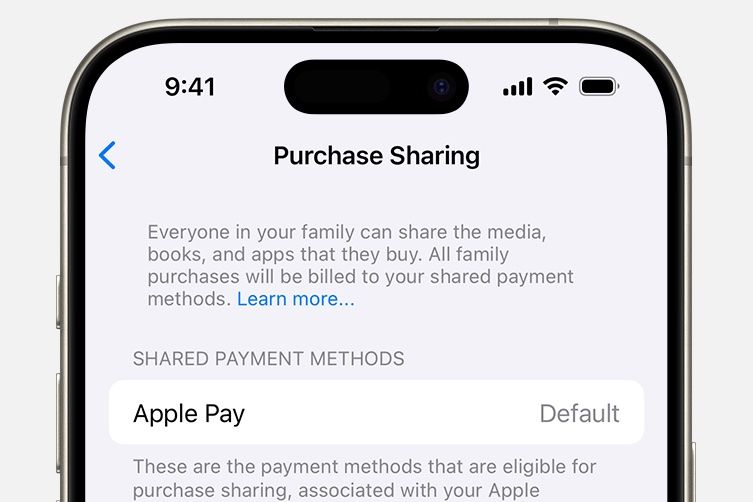 The Apple Purchase Sharingn menu showing the shared payment method being Apple Pay by default.