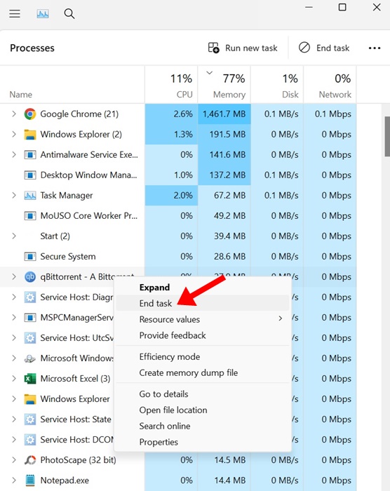 End Task qBittorrent from the Task Manager