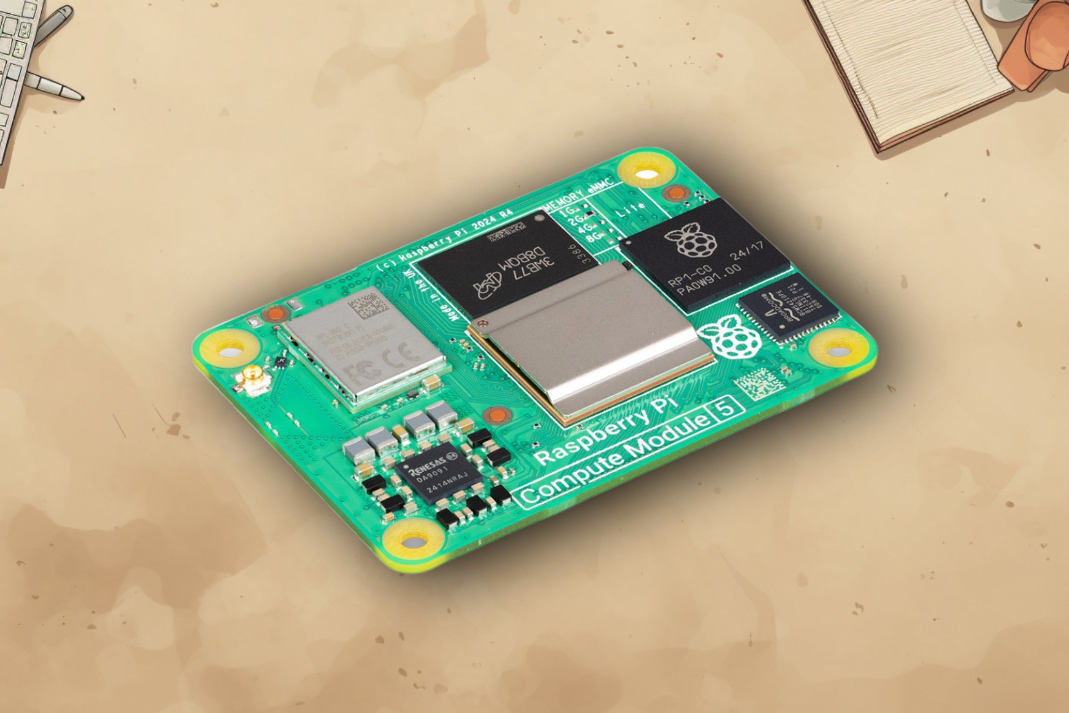 Raspberry Pi Compute Module 5 On A Khaki Background