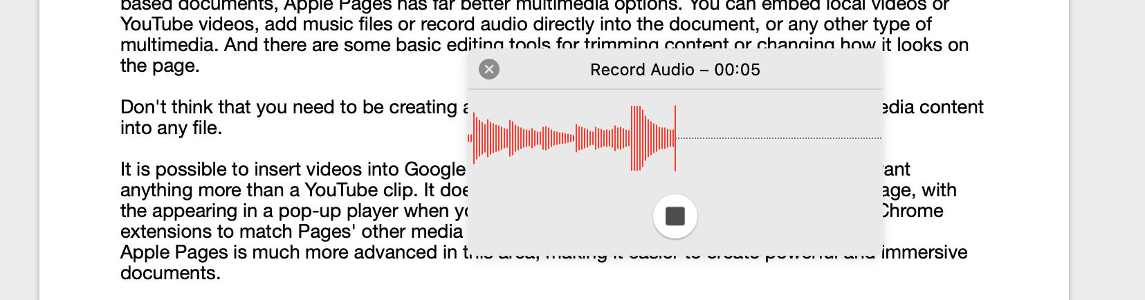 Record audio straight into a Pages document.