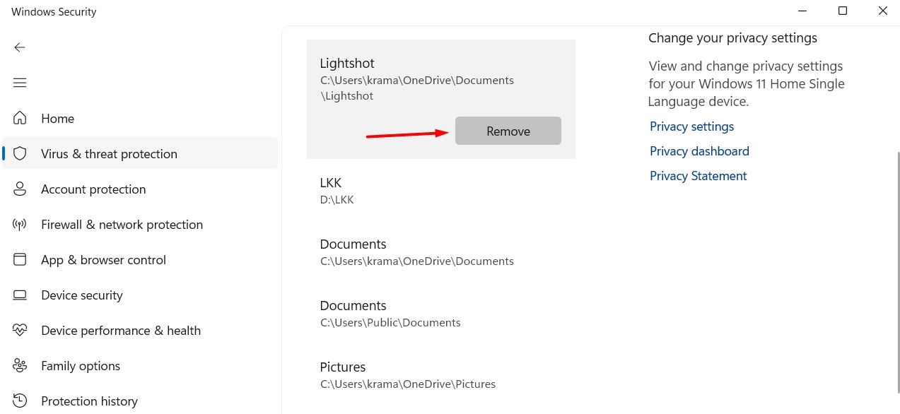 Remove option in the Windows Security app.
