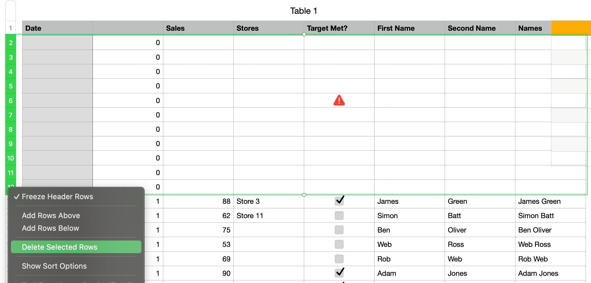 Removing empty rows in Apple Numbers.