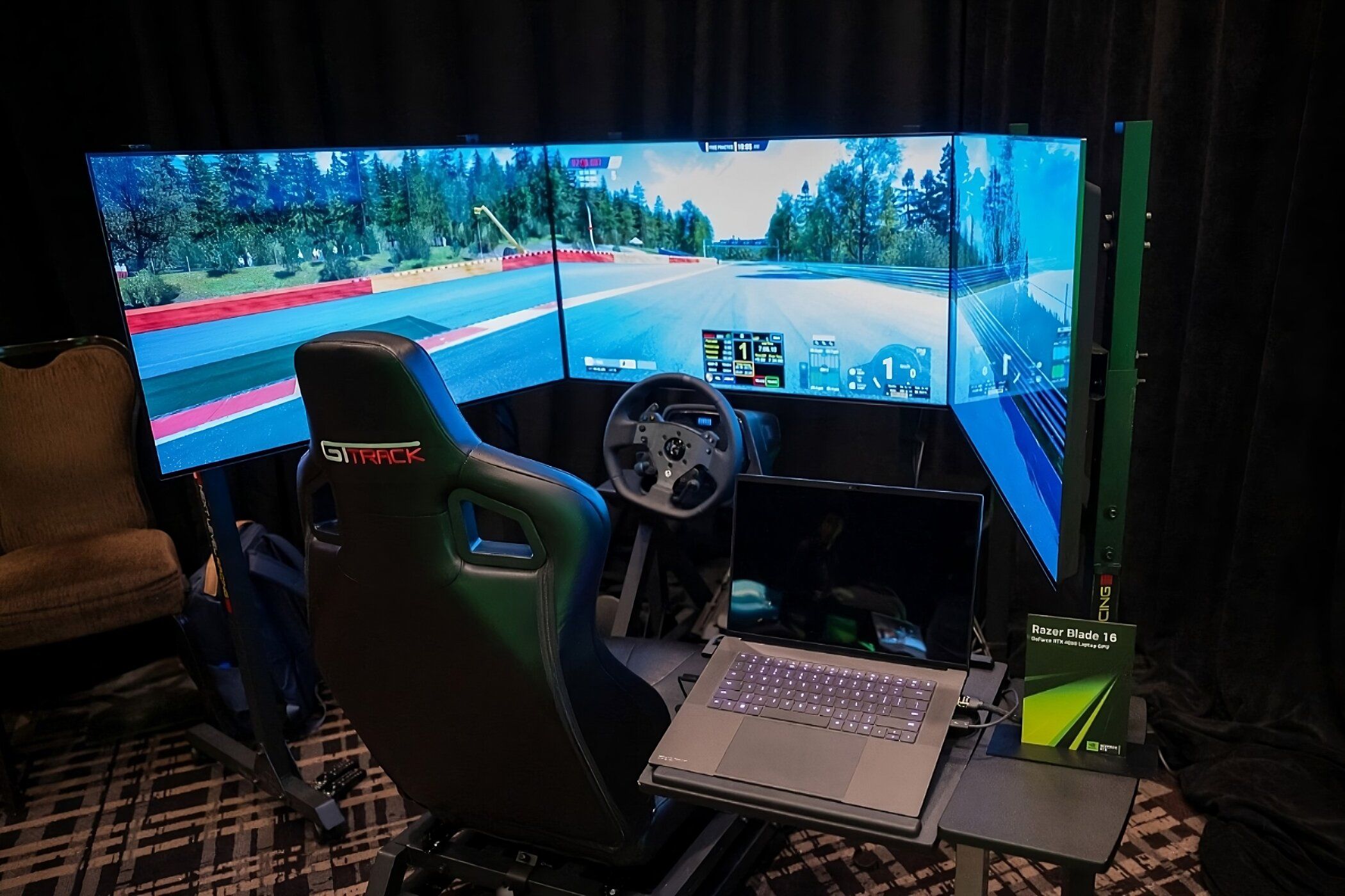 Razer Blade 16 with GeForce RTX 4080 laptop GPU running a racing simulator.