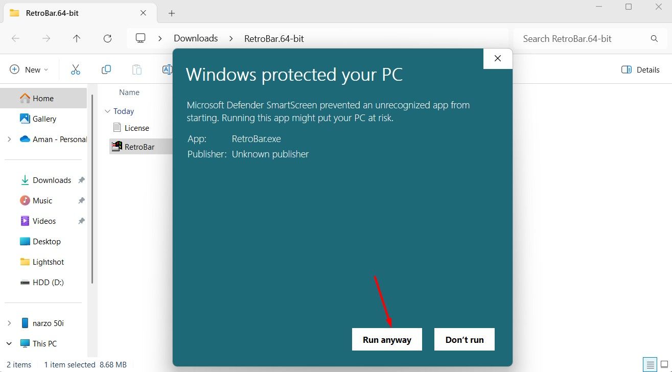 Run Anyway option on Windows 11.