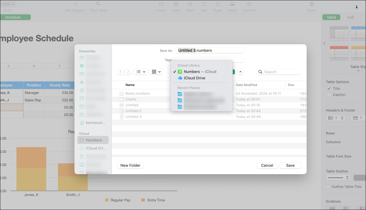 Saving an example employee schedule spreadsheet in Apple Numbers to the integrated iCloud storage.