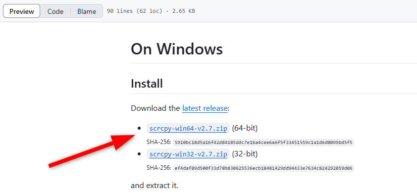 Downloading scrcpy from the Github download page.