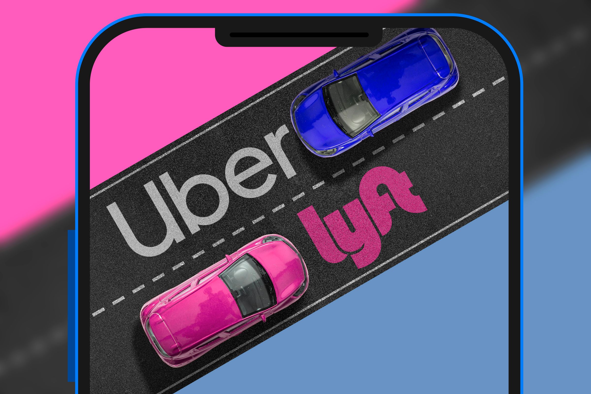 Screen of a phone showing two cars on the road viewed from above, with the Uber and Lyft logos in front of the cars.