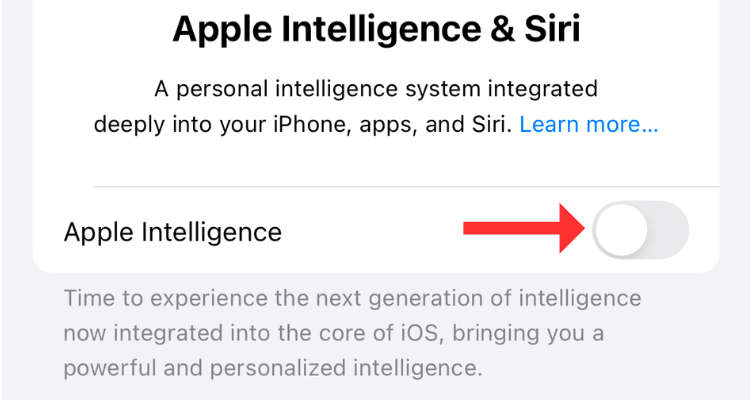 Option to enable Apple Intelligence after disabling it.