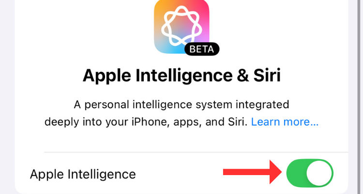 Apple Intelligence button in the Settings menu.