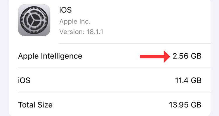 Scerenshot of the storage space occupied by Apple Intelligence on an iPhone 16.