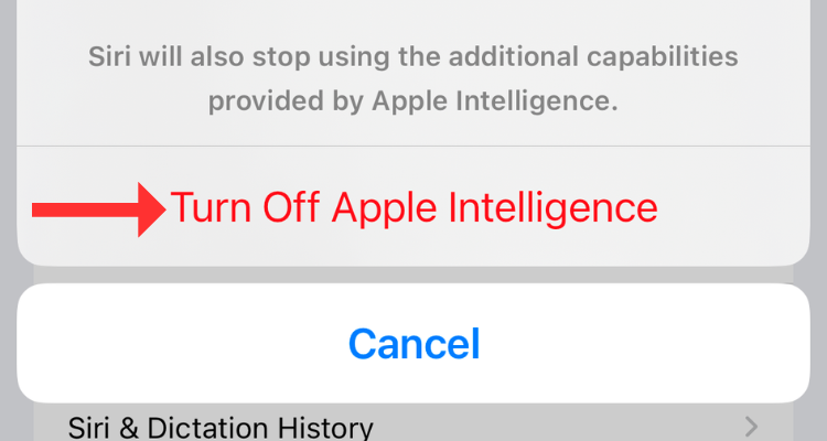 Screenshot of the button to Turn off Apple Intelligence in Settings app.